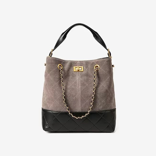 Suede Genuine Leather Color Block Chain Bucket Bag