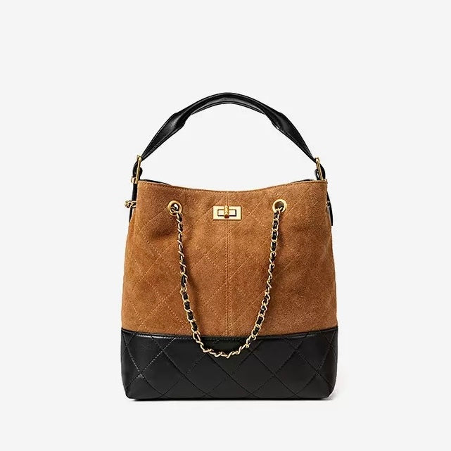 Suede Genuine Leather Color Block Chain Bucket Bag