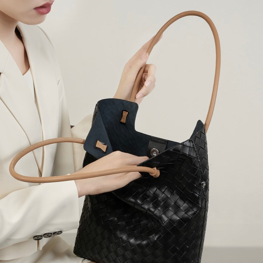 Women's Genuine Weaving Leather Minimalist Shoulder Tote Bag