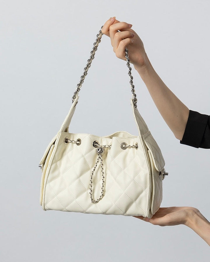 Genuine Leather Caviar Pattern Large Capacity Bucket Shoulder Bag