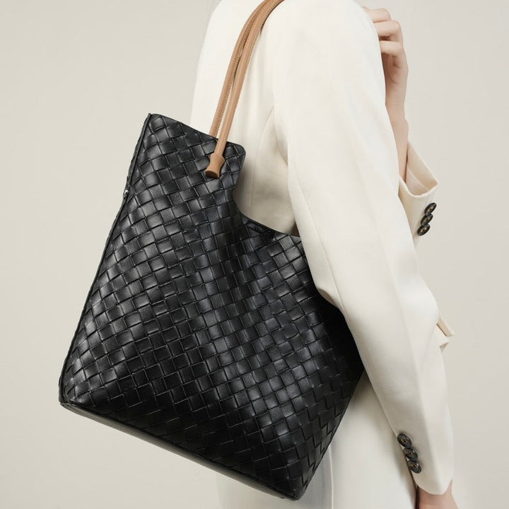 Women's Genuine Weaving Leather Minimalist Shoulder Tote Bag