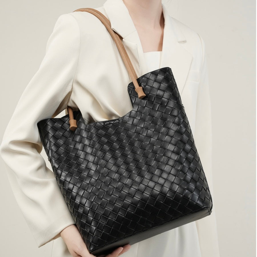 Women's Genuine Weaving Leather Minimalist Shoulder Tote Bag