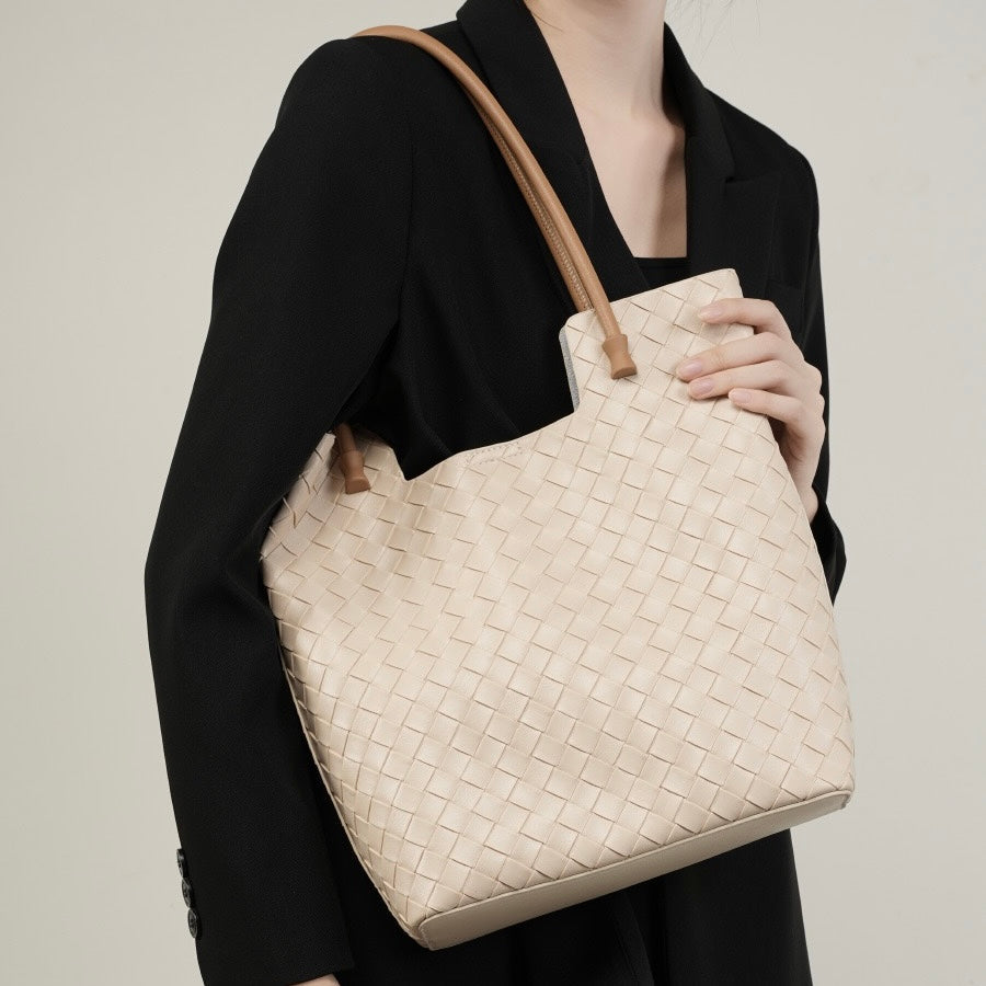 Women's Genuine Weaving Leather Minimalist Shoulder Tote Bag