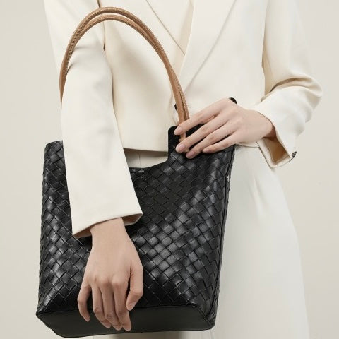 Women's Genuine Weaving Leather Minimalist Shoulder Tote Bag