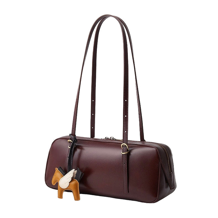 Women's Genuine Leather Retro Bowling Bag with Horse Charm