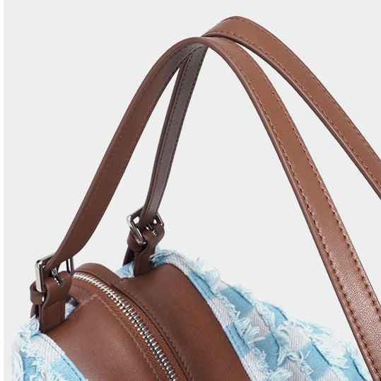 Women’s Genuine Leather Denim Patchwork Shoulder Bag – Vintage Artistic Style