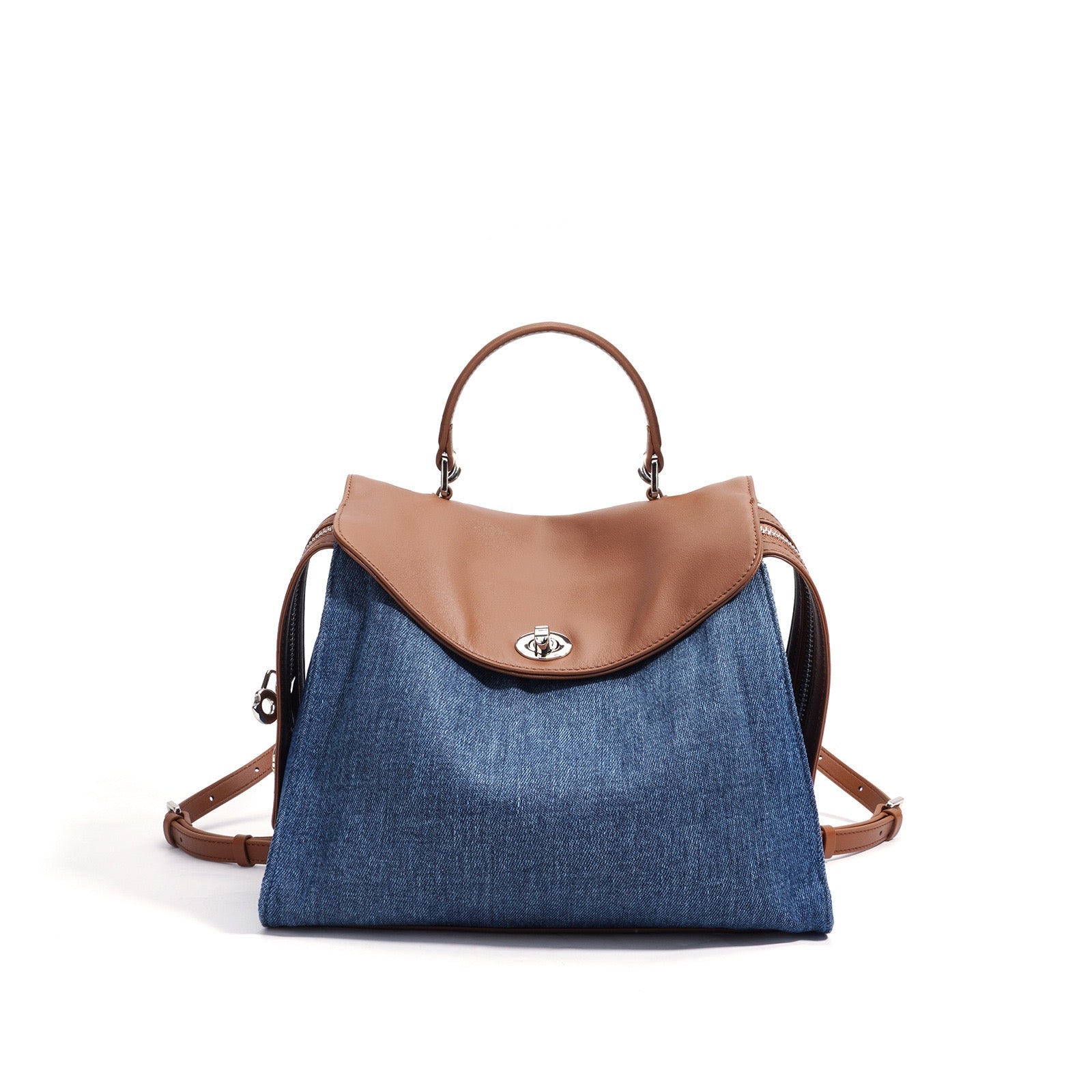 Women’s Genuine Leather & Denim Patchwork Backpack – Large Capacity Commuter Bag