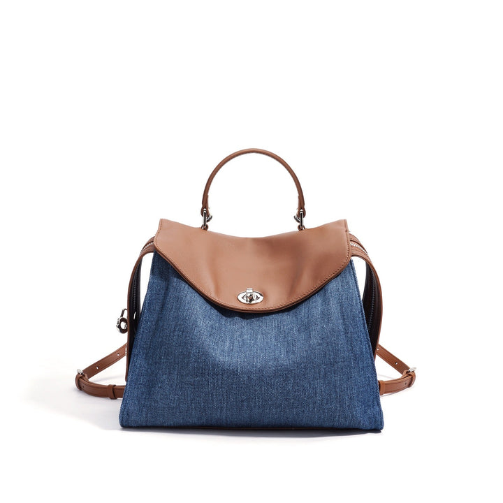 Women’s Genuine Leather & Denim Patchwork Backpack – Large Capacity Commuter Bag