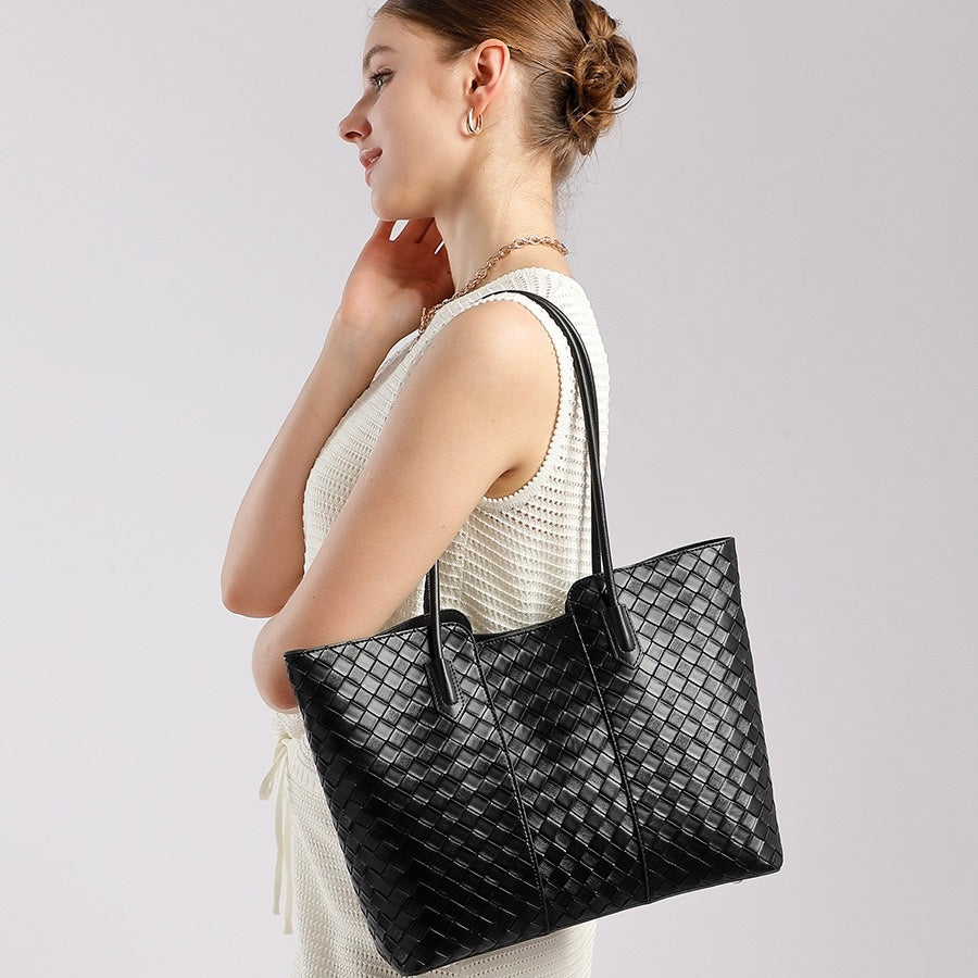 Women's Genuine Leather Large Capacity Woven Tote Bag