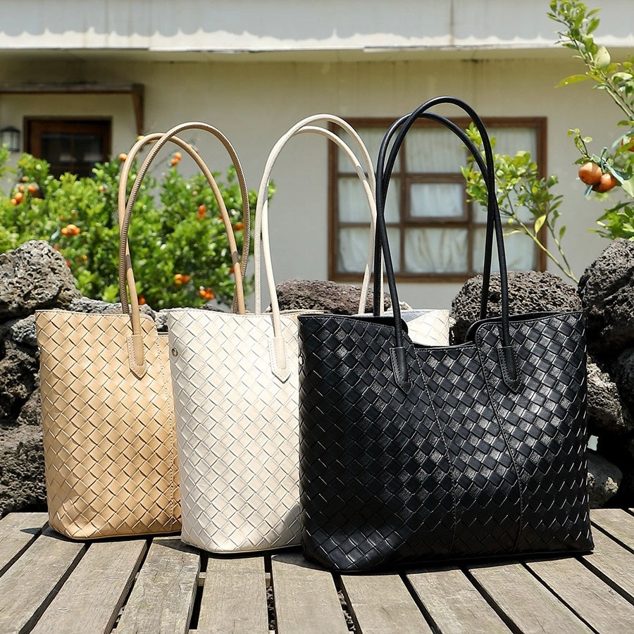 Women's Genuine Leather Large Capacity Woven Tote Bag