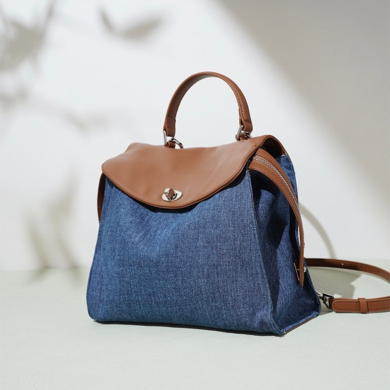 Women’s Genuine Leather & Denim Patchwork Backpack – Large Capacity Commuter Bag