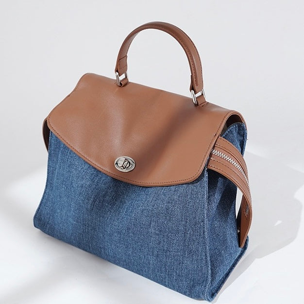 Women’s Genuine Leather & Denim Patchwork Backpack – Large Capacity Commuter Bag