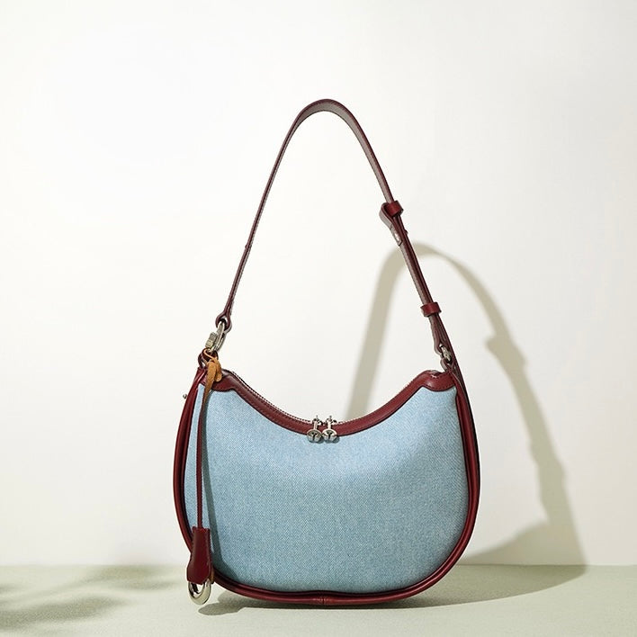 Women’s Genuine Leather & Denim Crescent Shoulder Bag – Spring/Summer Mini Edition