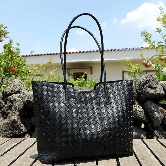 Women's Genuine Leather Large Capacity Woven Tote Bag
