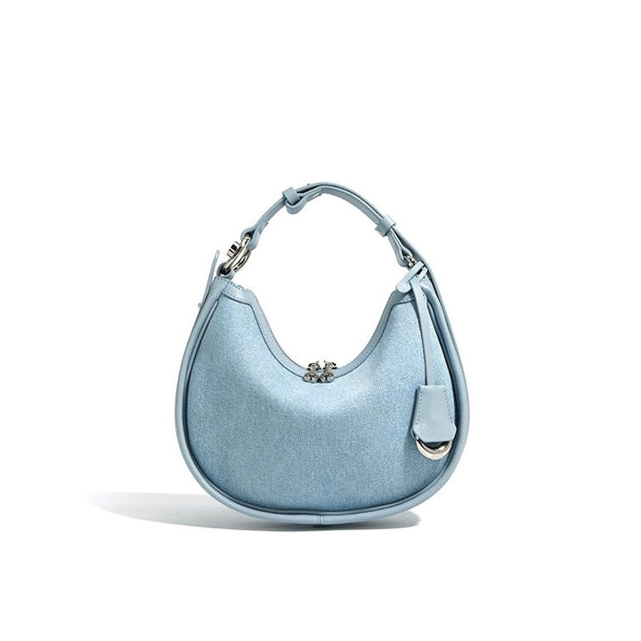 Women’s Genuine Leather & Denim Crescent Shoulder Bag – Spring/Summer Mini Edition