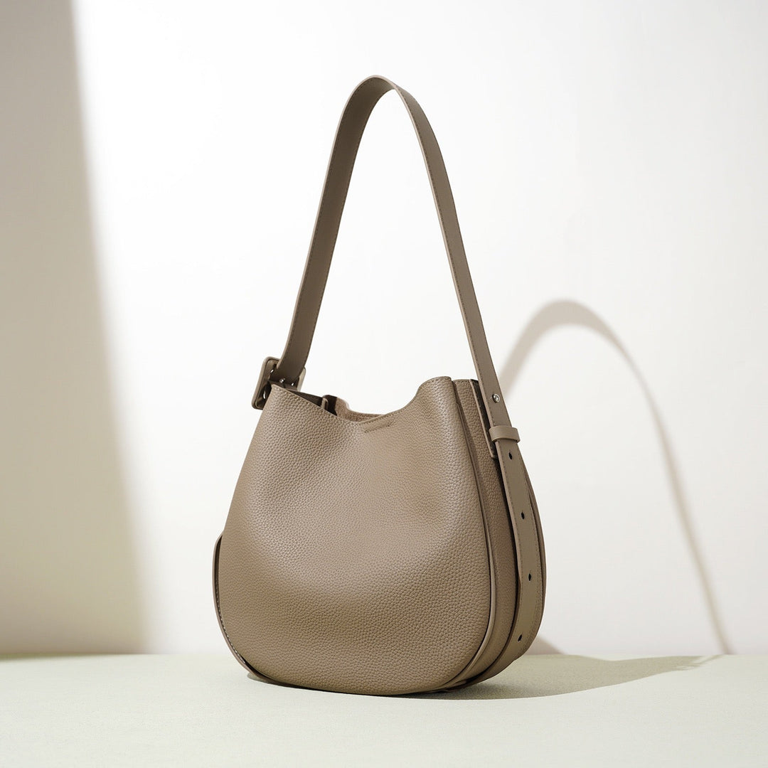 Women’s Genuine Leather Wide Strap Commuter Bucket Shoulder Bag
