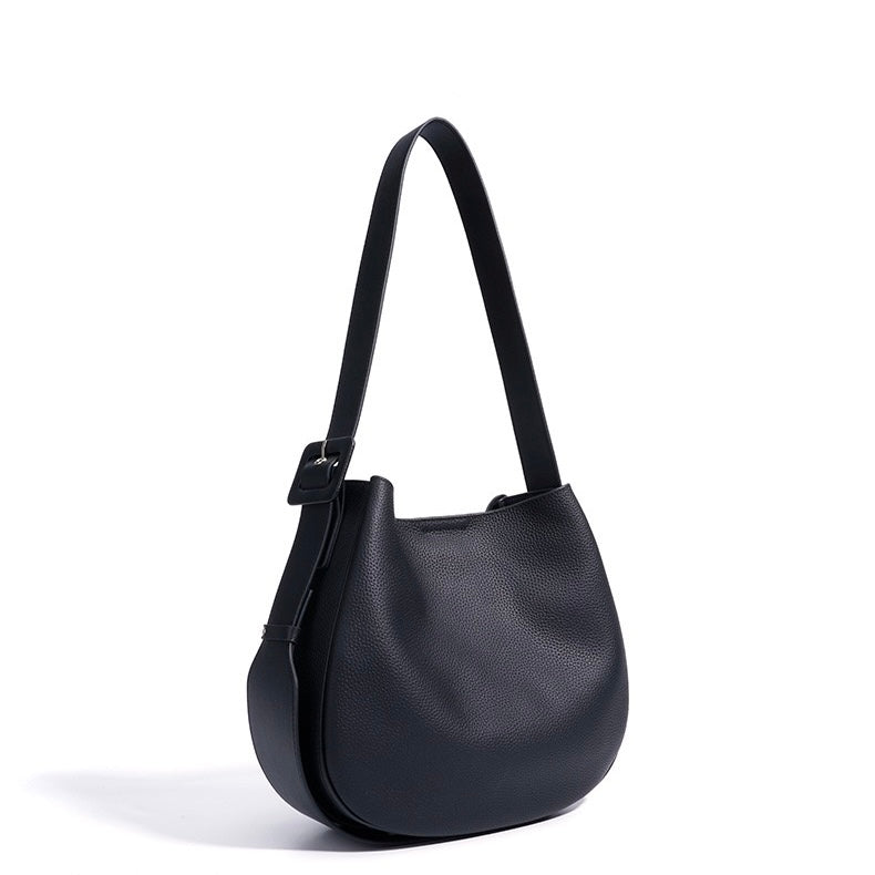 Women’s Genuine Leather Wide Strap Commuter Bucket Shoulder Bag