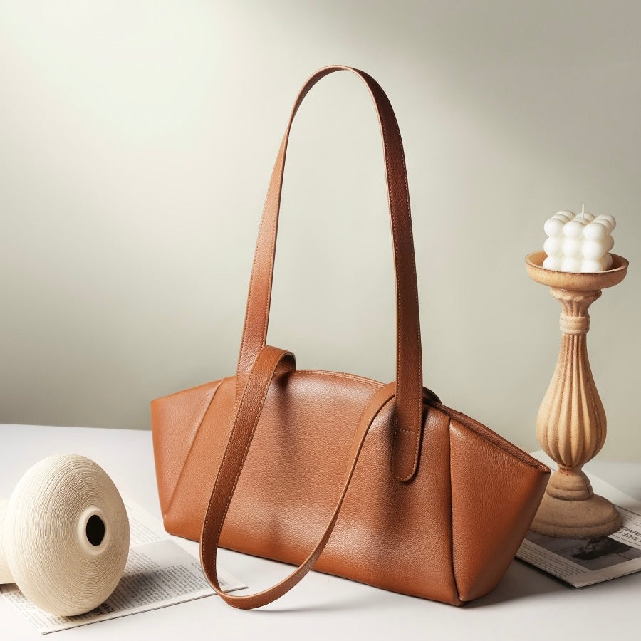 Women’s Genuine Leather Winged Pleated Tote – Minimalist Large Capacity Commuter Bag