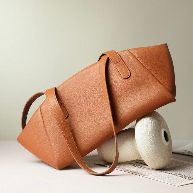 Women’s Genuine Leather Winged Pleated Tote – Minimalist Large Capacity Commuter Bag