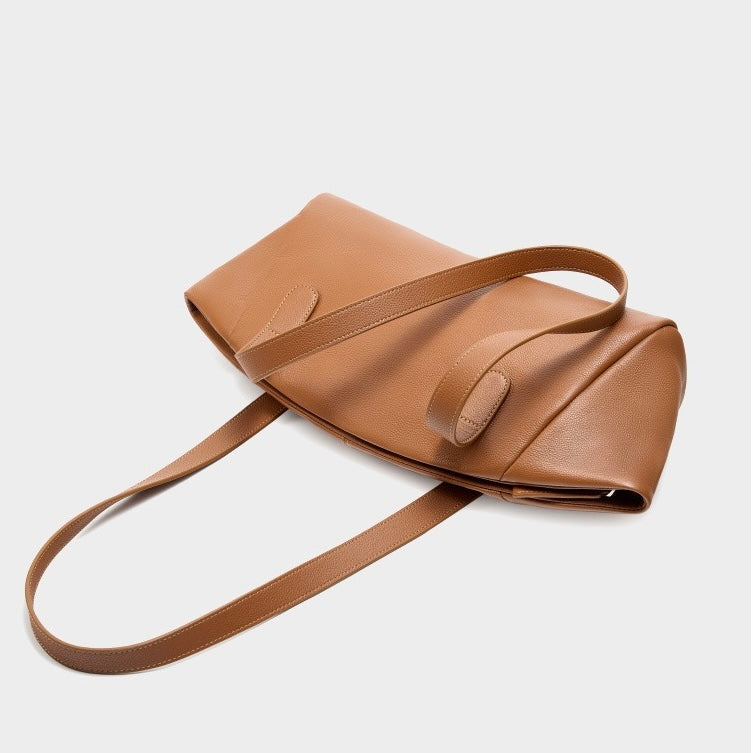 Women’s Genuine Leather Winged Pleated Tote – Minimalist Large Capacity Commuter Bag