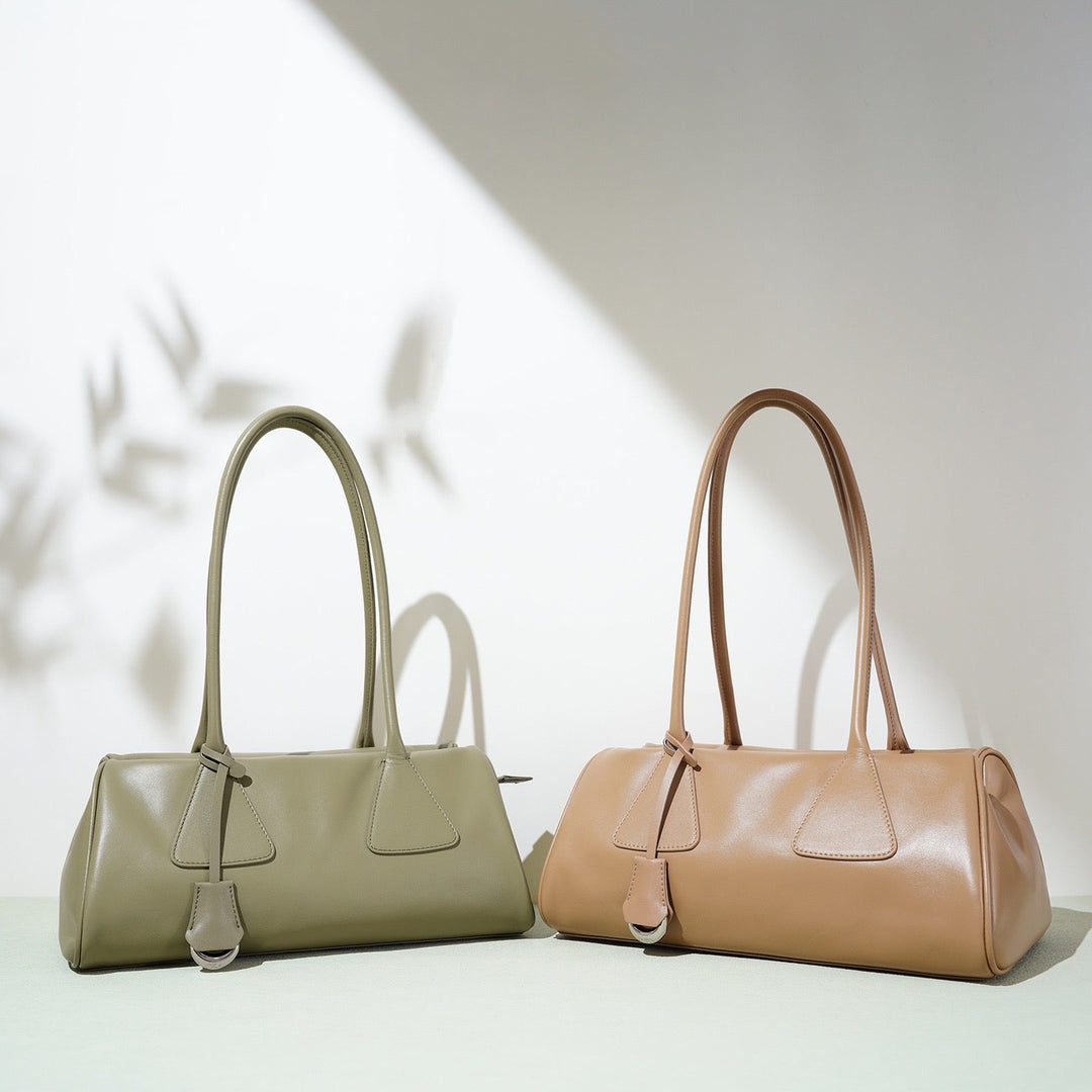 Spring Summer French Style Genuine Leather Pillow Shoulder Baguette Bag