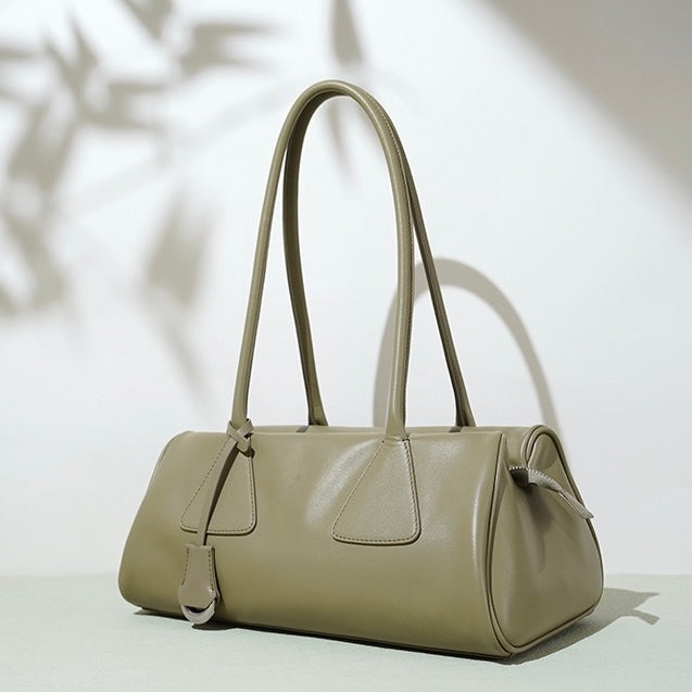 Spring Summer French Style Genuine Leather Pillow Shoulder Baguette Bag