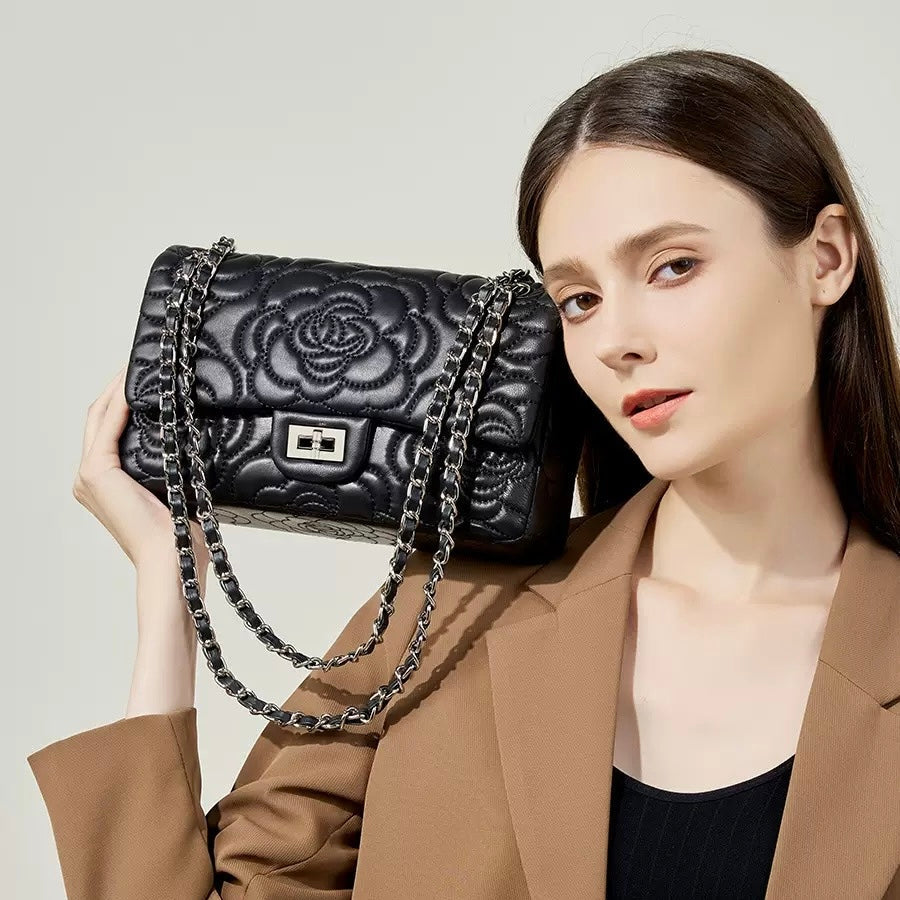 Women’s Genuine Sheepskin Quilted Camellia Chain Crossbody Bag