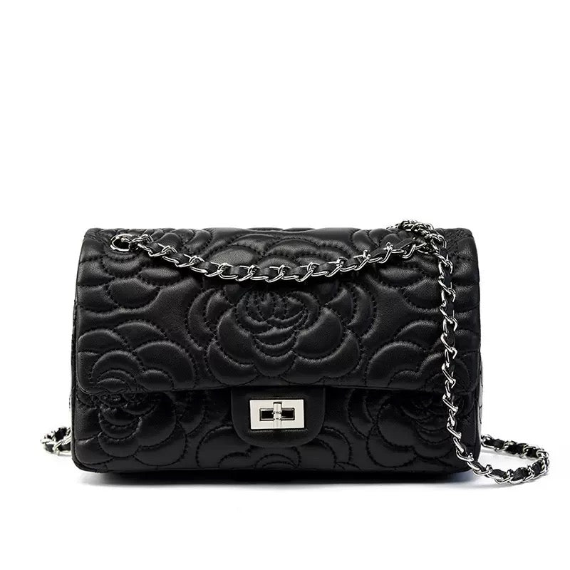Women’s Genuine Sheepskin Quilted Camellia Chain Crossbody Bag