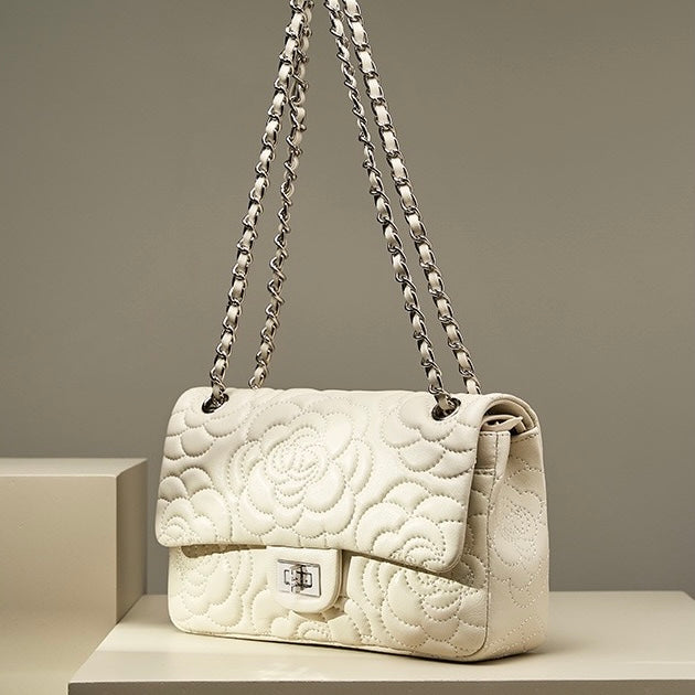 Women’s Genuine Sheepskin Quilted Camellia Chain Crossbody Bag