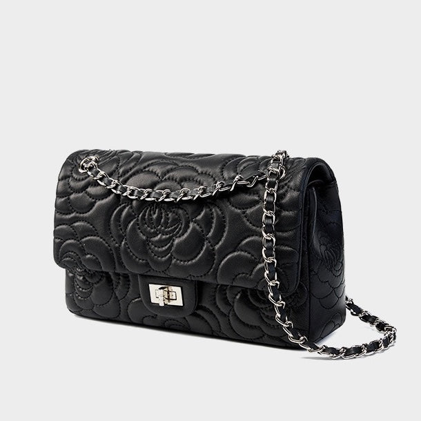 Women’s Genuine Sheepskin Quilted Camellia Chain Crossbody Bag