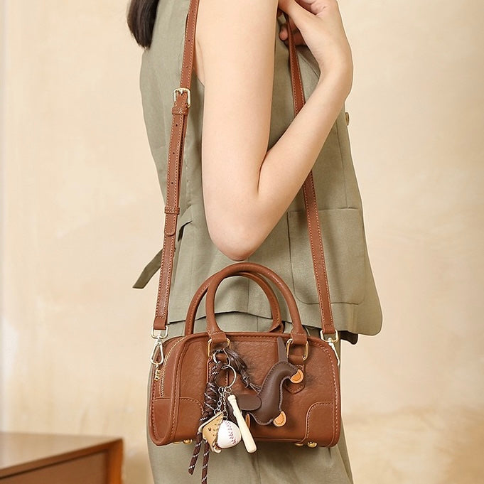 Women's Genuine Leather Boston Crossbody Bag with Dachshund Pendant