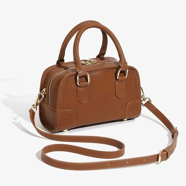 Women's Genuine Leather Boston Crossbody Bag with Dachshund Pendant