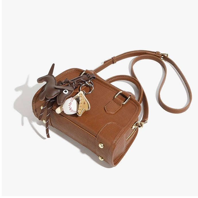 Women's Genuine Leather Boston Crossbody Bag with Dachshund Pendant