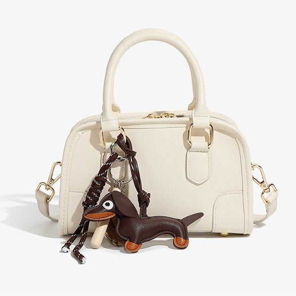 Women's Genuine Leather Boston Crossbody Bag with Dachshund Pendant