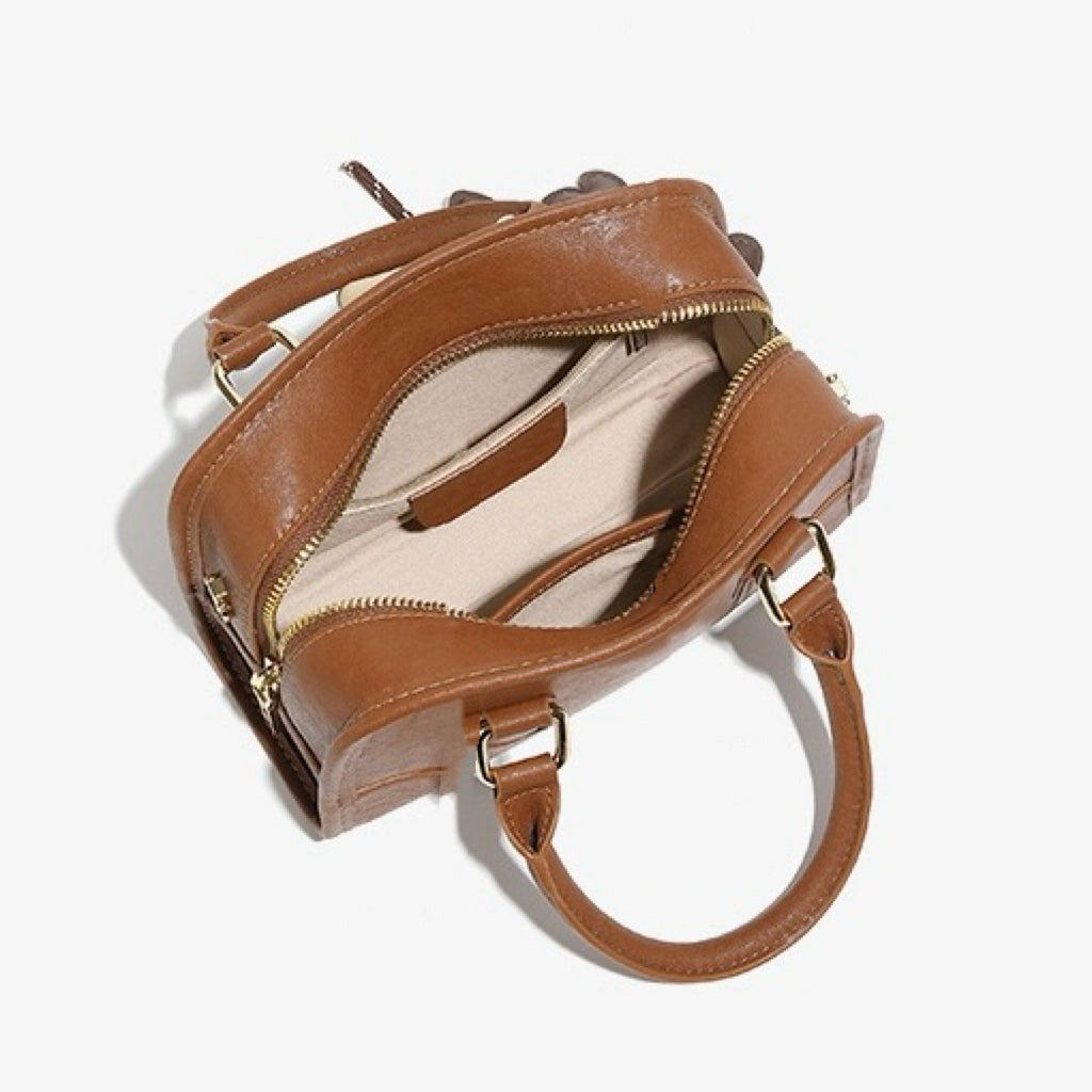 Women's Genuine Leather Boston Crossbody Bag with Dachshund Pendant