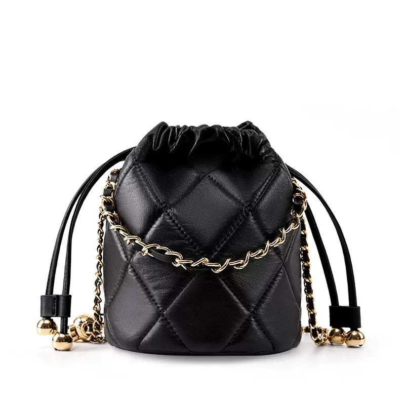 Women’s Genuine Leather Chic Bucket Bag with Chain Strap