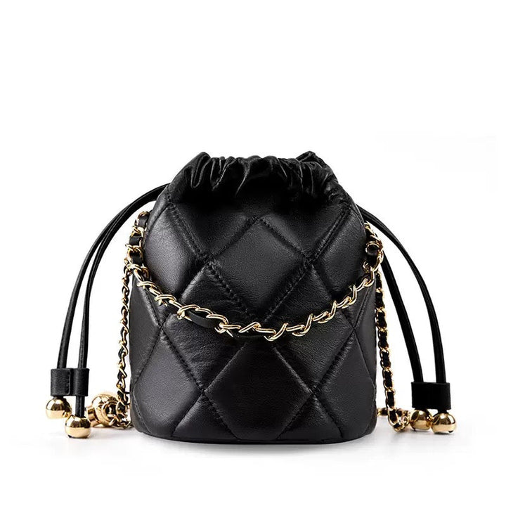 Women’s Genuine Leather Chic Bucket Bag with Chain Strap
