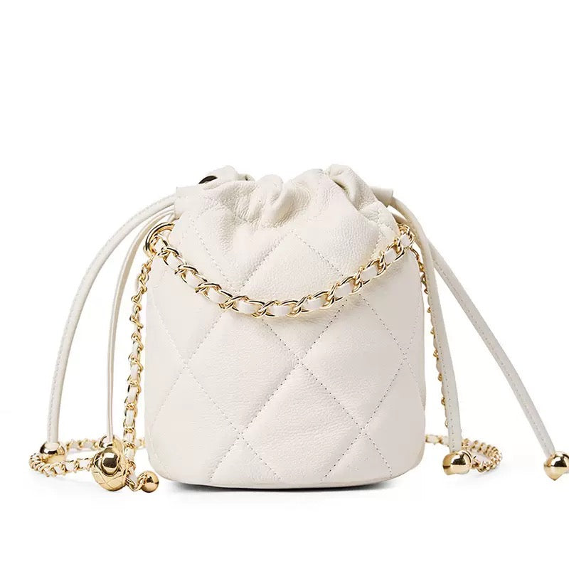 Women’s Genuine Leather Chic Bucket Bag with Chain Strap