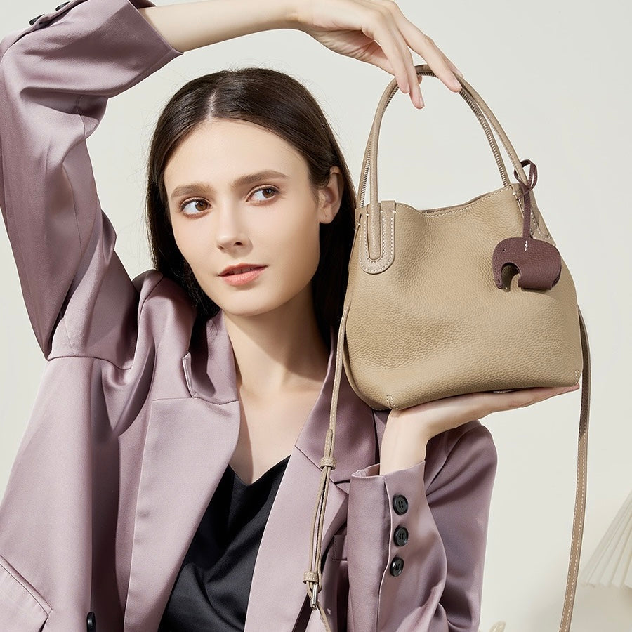 Women's Genuine Leather Bucket Bag with Little Elephant Pendant