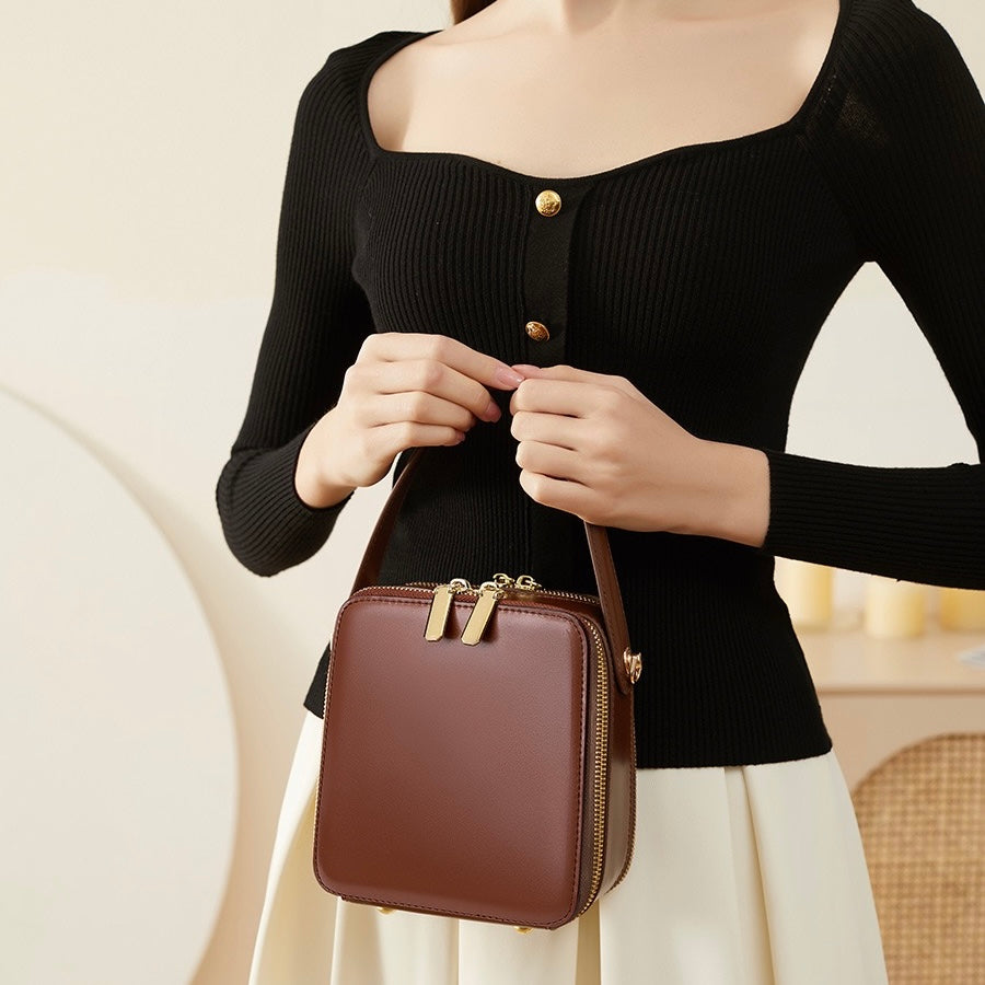 Stylish Genuine Leather Boxy Handheld Crossbody Bag for Women