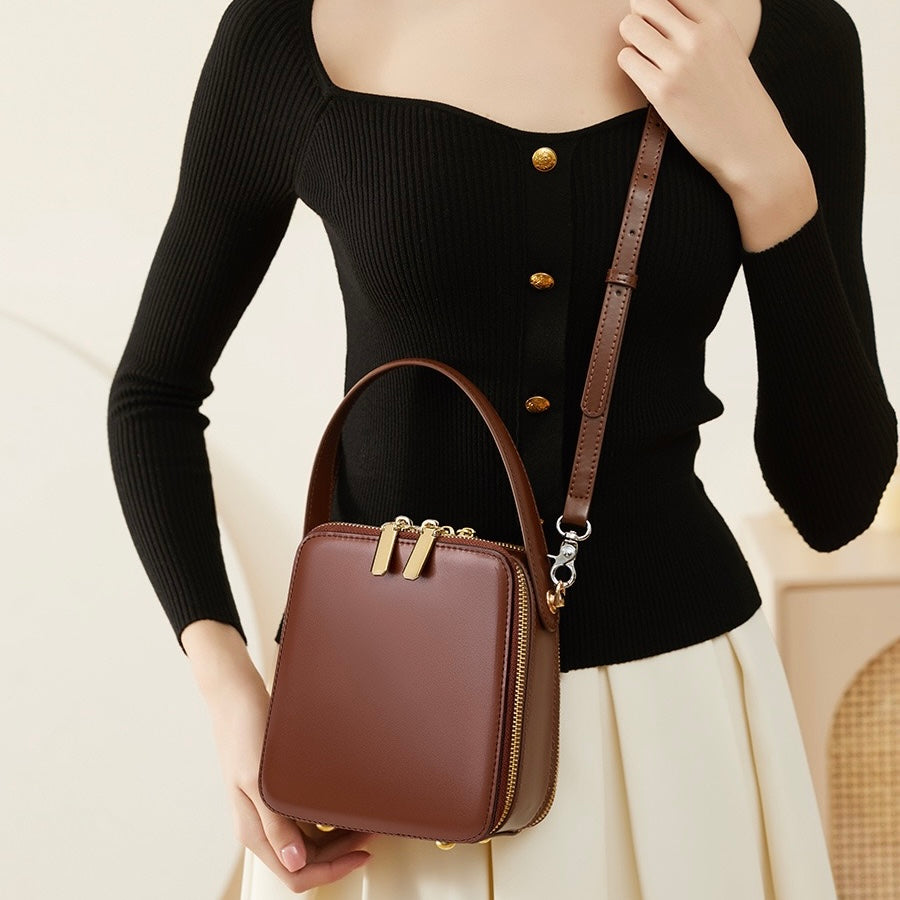 Stylish Genuine Leather Boxy Handheld Crossbody Bag for Women