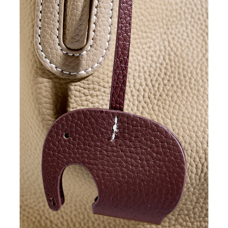 Women's Genuine Leather Bucket Bag with Little Elephant Pendant