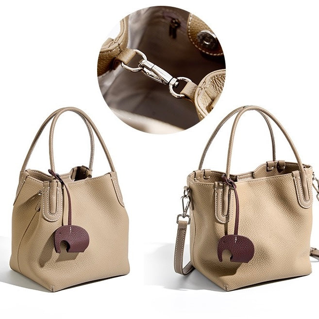 Women's Genuine Leather Bucket Bag with Little Elephant Pendant