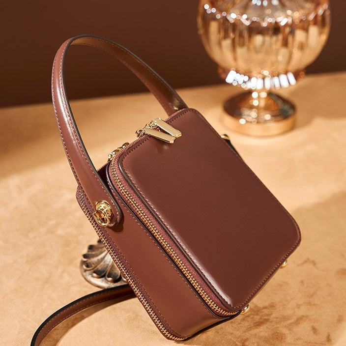 Stylish Genuine Leather Boxy Handheld Crossbody Bag for Women