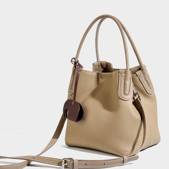 Women's Genuine Leather Bucket Bag with Little Elephant Pendant