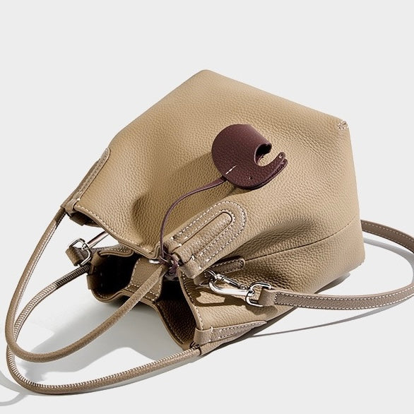 Women's Genuine Leather Bucket Bag with Little Elephant Pendant