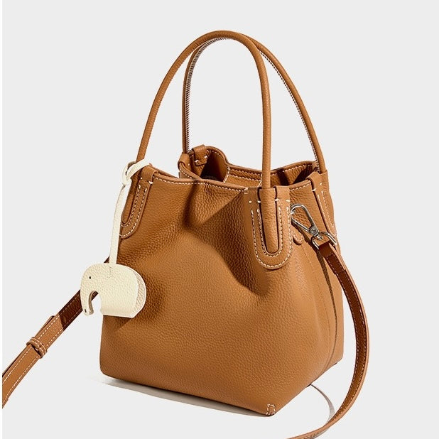 Women's Genuine Leather Bucket Bag with Little Elephant Pendant