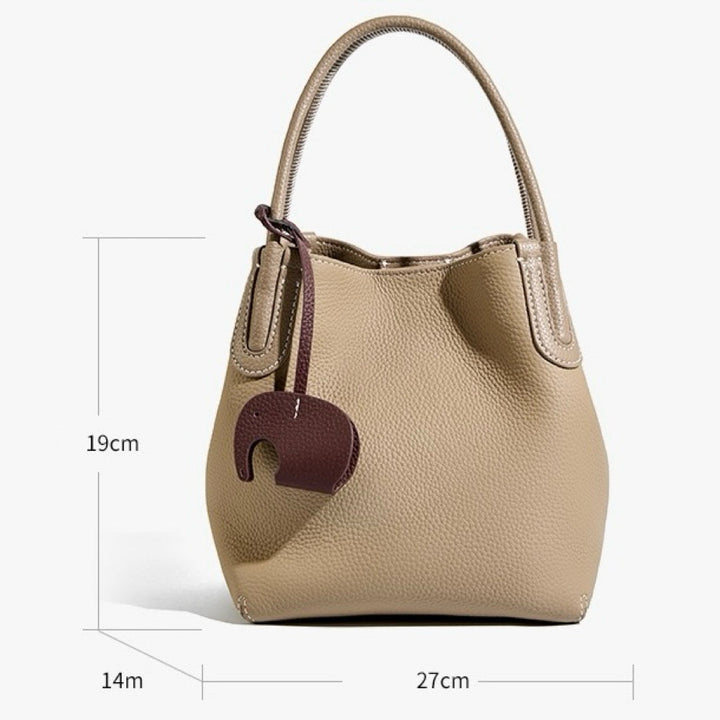 Women's Genuine Leather Bucket Bag with Little Elephant Pendant