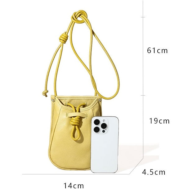 Women's Genuine Leather Drawstring Crossbody Phone Mini Bag