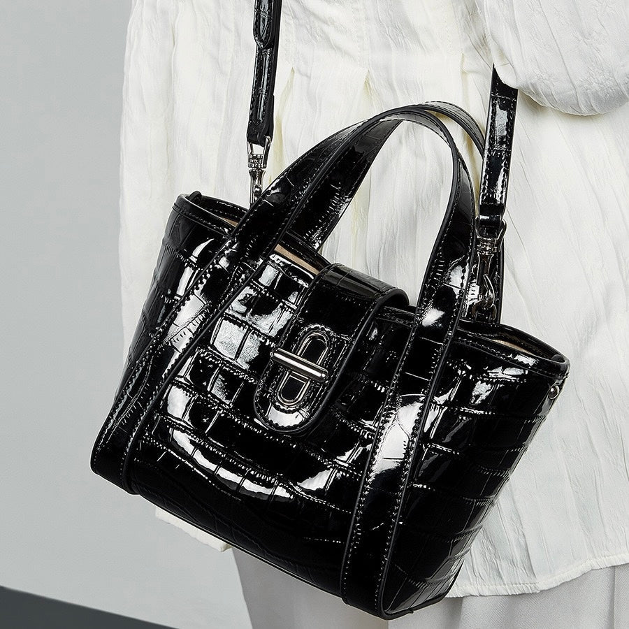 Croc-Embossed Leather Buckle Top-Handle Bucket Bag